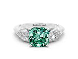 White gold Three-Stone Cushion Cut Green Sapphire Ring with Pear Side Stones and Four-Prong Setting