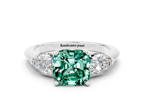 White gold Three-Stone Cushion Cut Green Sapphire Ring with Pear Side Stones and Four-Prong Setting