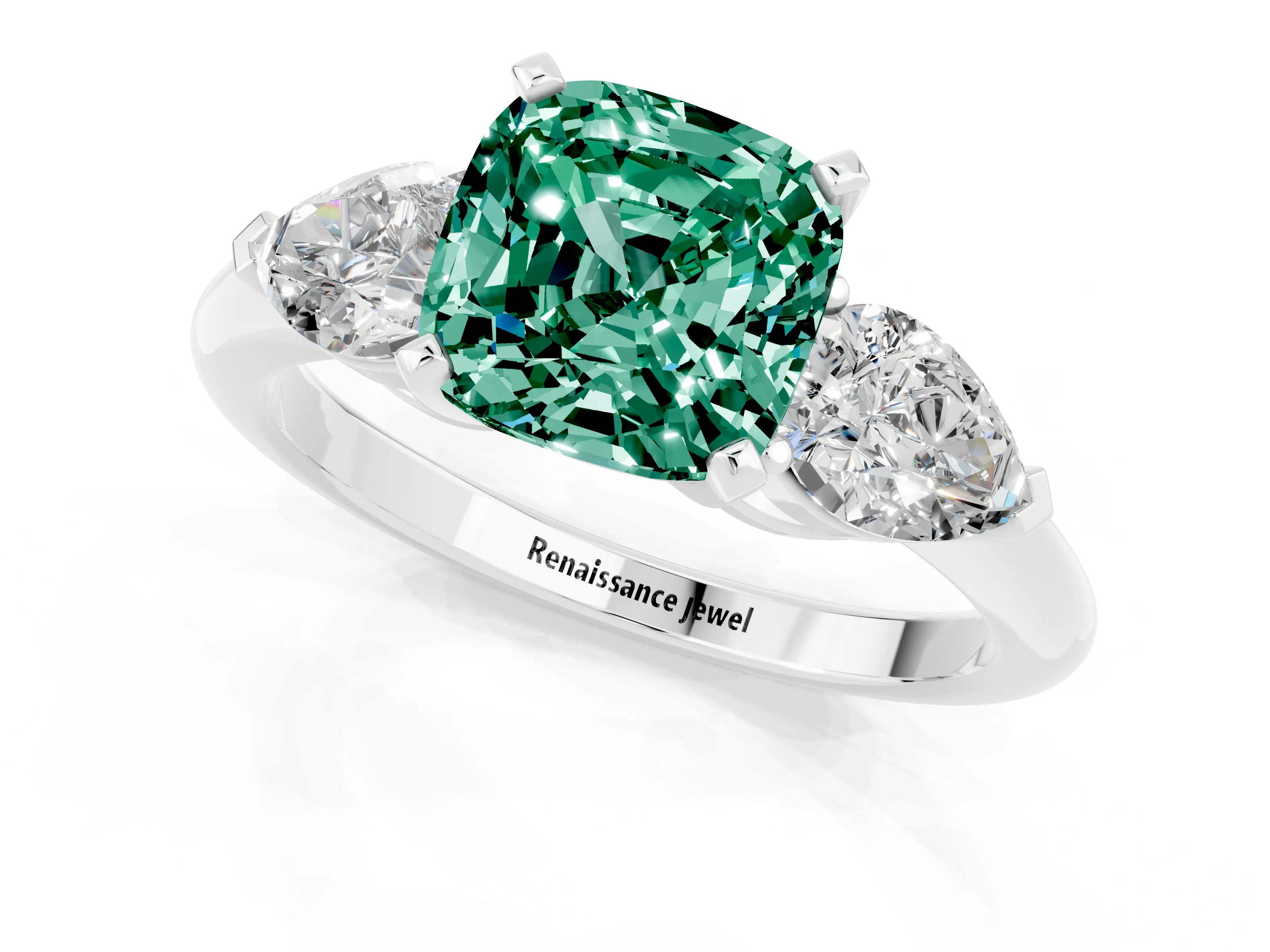 White gold Three-Stone Cushion Cut Green Sapphire Ring with Pear Side Stones and Four-Prong Setting_1
