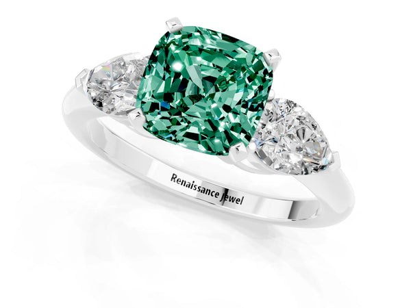 White gold Three-Stone Cushion Cut Green Sapphire Ring with Pear Side Stones and Four-Prong Setting