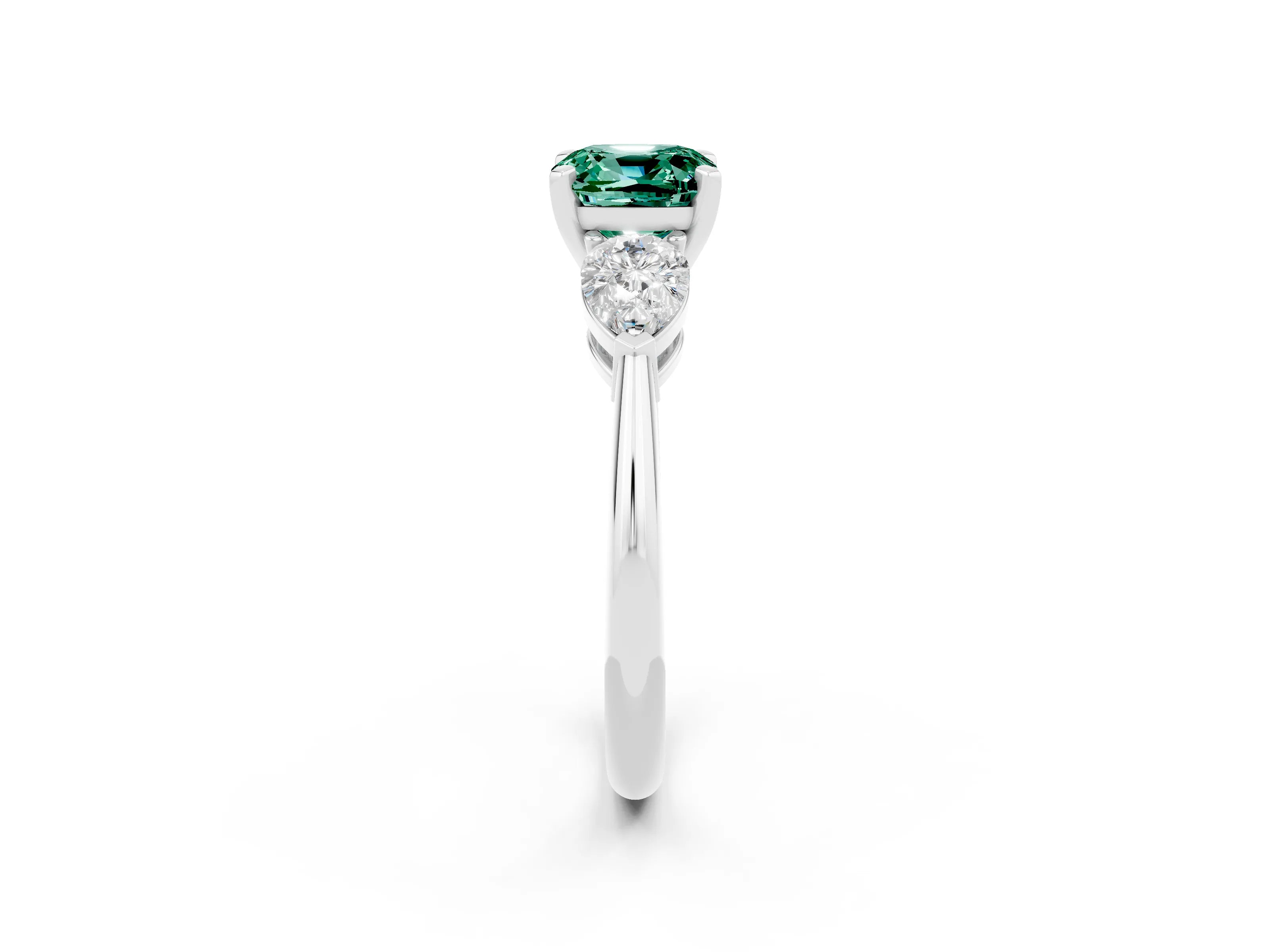 White gold Three-Stone Cushion Cut Green Sapphire Ring with Pear Side Stones and Four-Prong Setting_2