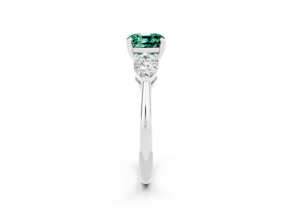 Platinum Three-Stone Cushion Cut Green Sapphire Ring with Pear Side Stones and Four-Prong Setting