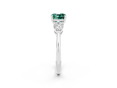 White gold Three-Stone Cushion Cut Green Sapphire Ring with Pear Side Stones and Four-Prong Setting_2