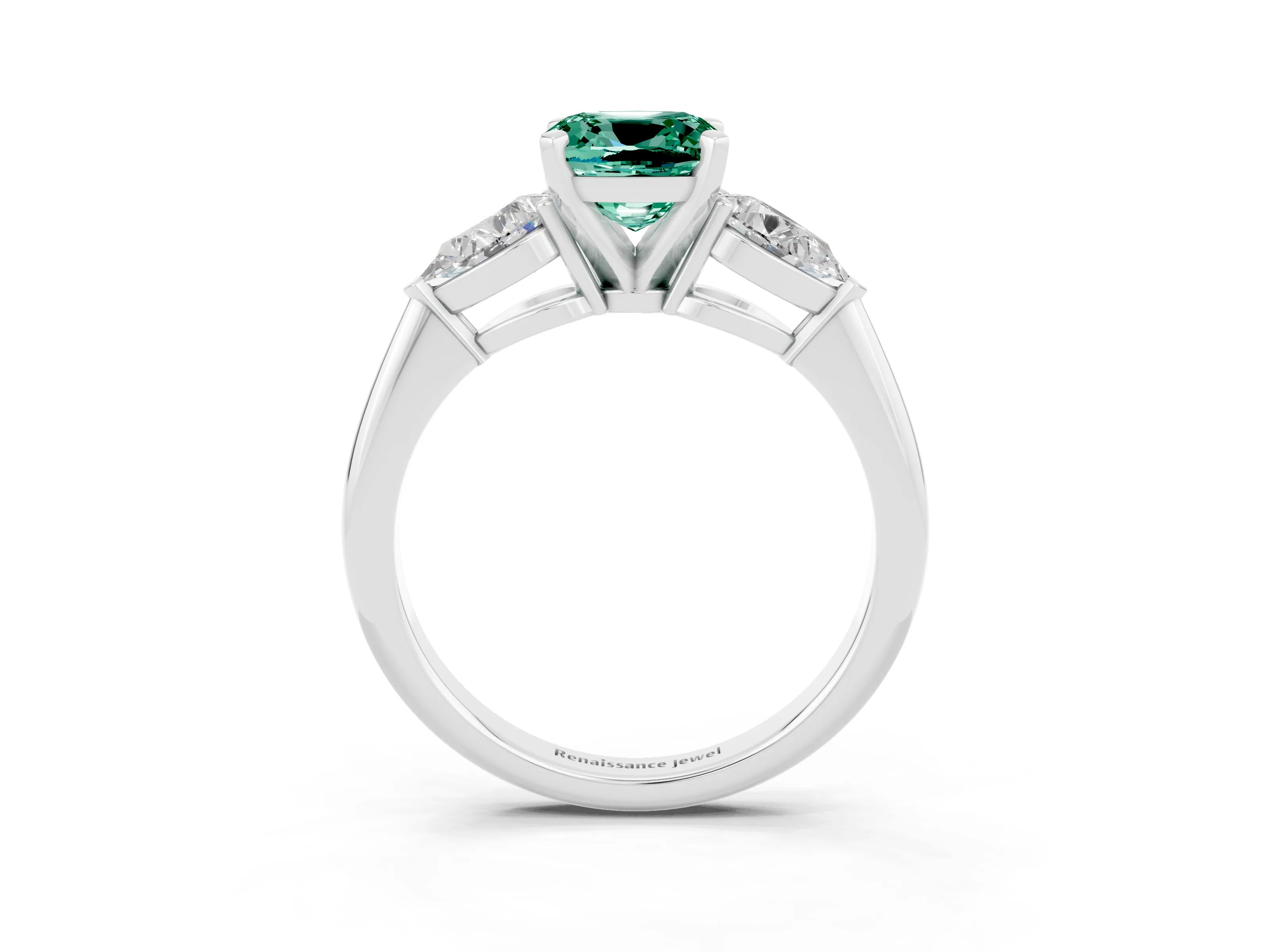 White gold Three-Stone Cushion Cut Green Sapphire Ring with Pear Side Stones and Four-Prong Setting_3