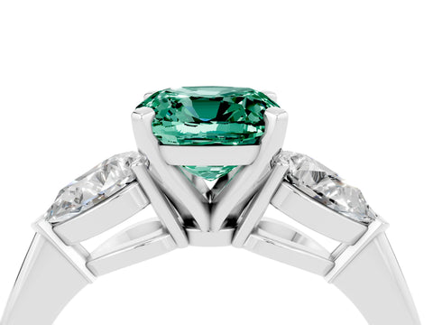 White gold Three-Stone Cushion Cut Green Sapphire Ring with Pear Side Stones and Four-Prong Setting_4