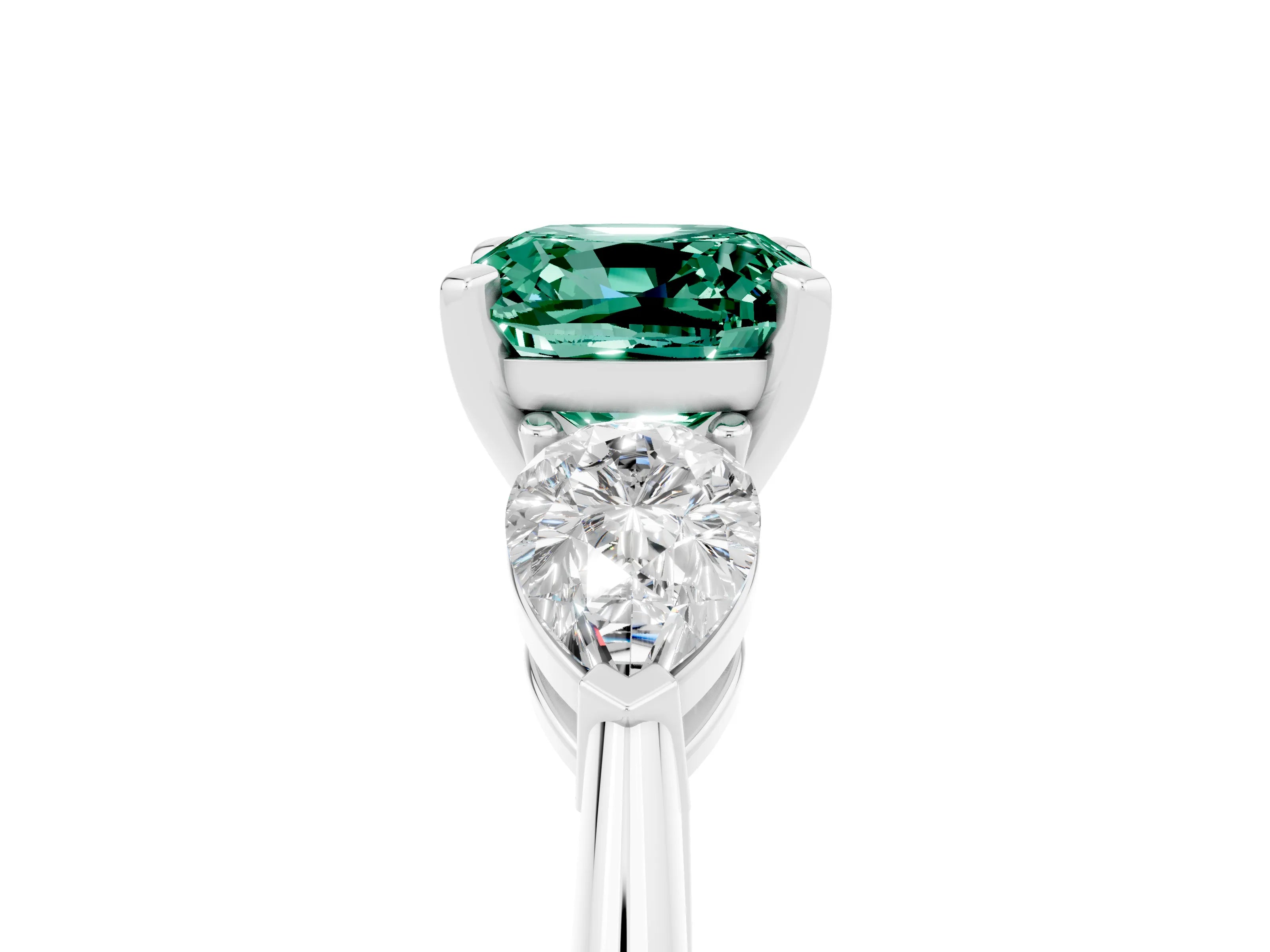 White gold Three-Stone Cushion Cut Green Sapphire Ring with Pear Side Stones and Four-Prong Setting_5