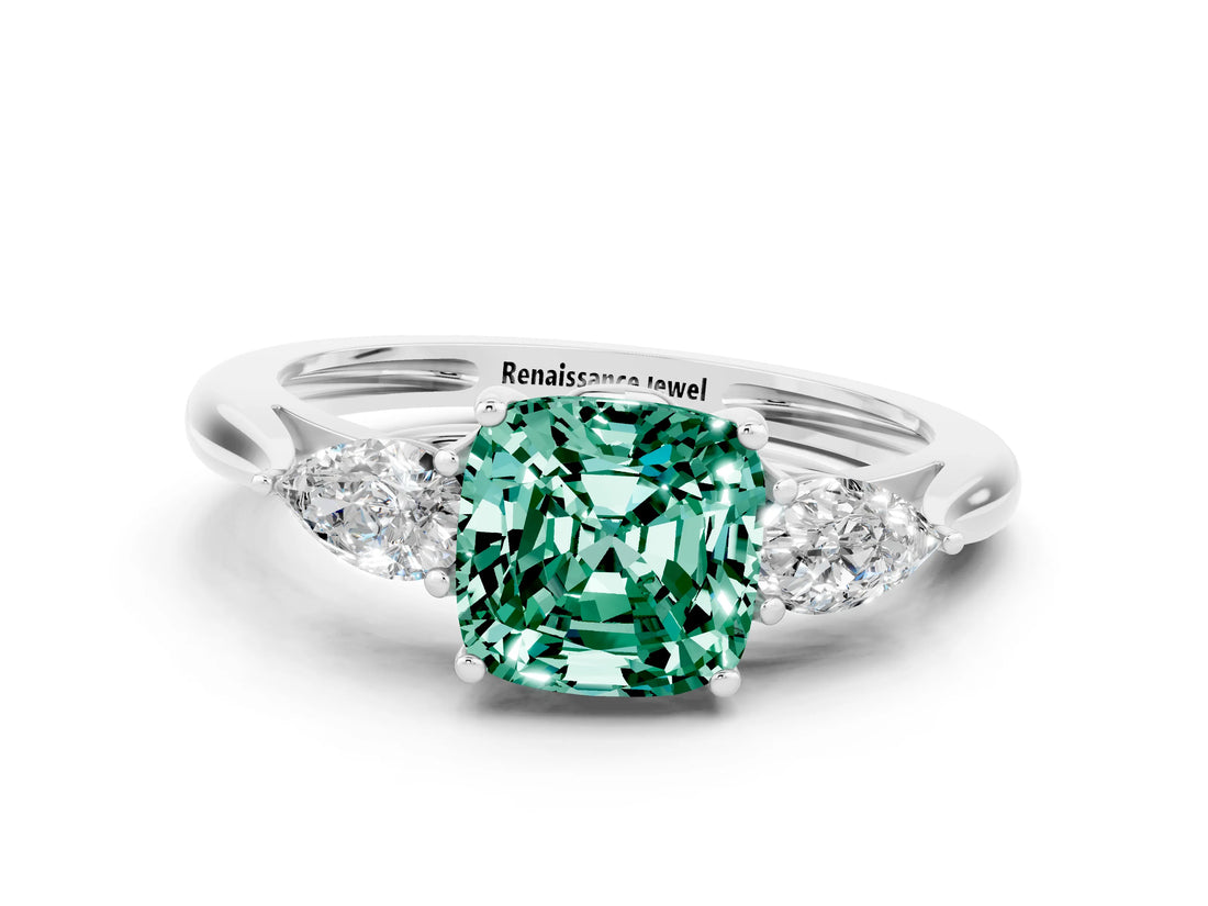 White gold Three-Stone Cushion Cut Green Sapphire Ring with Pear  Side Stones in Four-Prong Setting_12