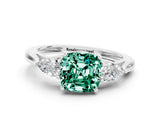 White gold Three-Stone Cushion Cut Green Sapphire Ring with Pear  Side Stones in Four-Prong Setting_12