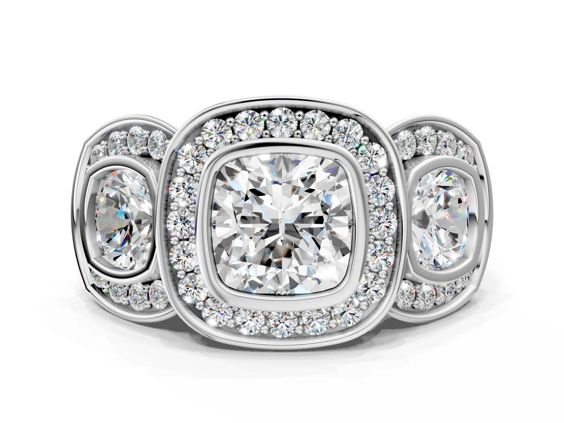 White gold Three-Stone Cushion Cut Halo Pavé Diamond Ring_7
