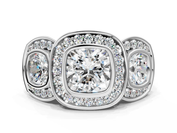 White Gold Cushion Cut Bezel Three Stone Halo Engagement Ring Setting with Pave Shoulders