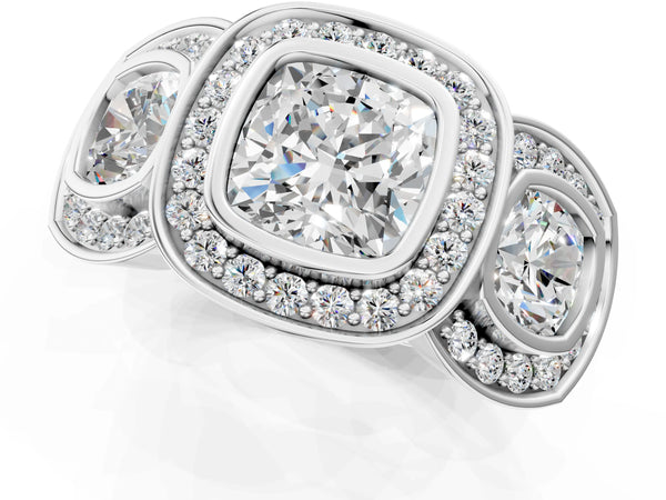 White Gold Cushion Cut Bezel Three Stone Halo Engagement Ring Setting with Pave Shoulders