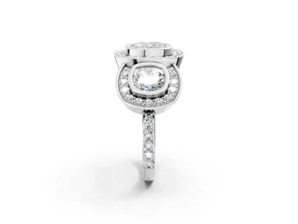 White Gold Cushion Cut Bezel Three Stone Halo Engagement Ring Setting with Pave Shoulders