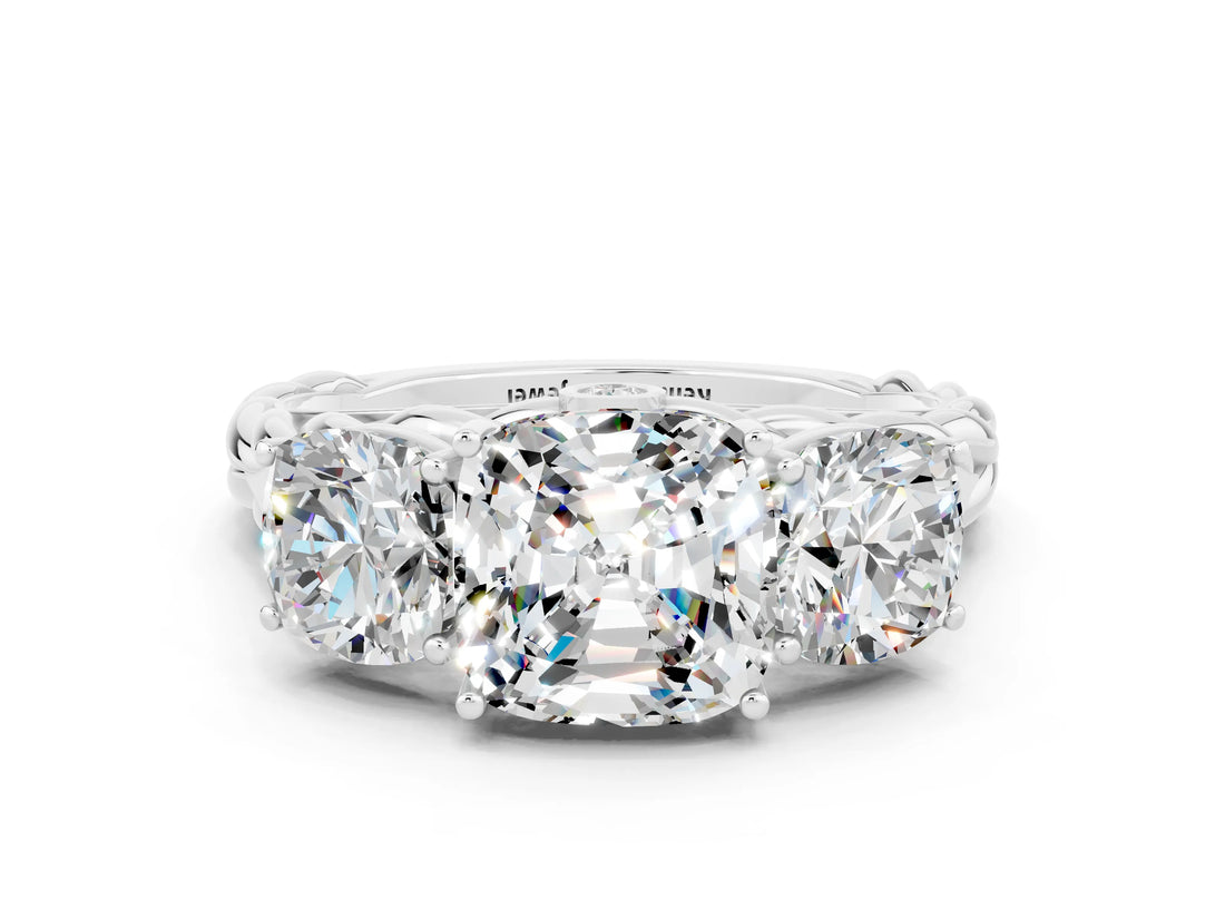 White gold Three-Stone Cushion Cut Moissanite Braided Band Ring with Four-Prong Setting_12