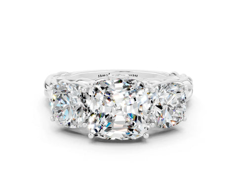 White gold Three-Stone Cushion Cut Moissanite Braided Band Ring with Four-Prong Setting_12