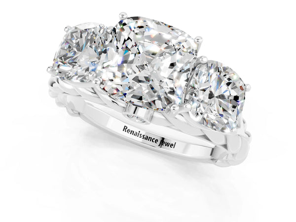 White gold Three-Stone Cushion Cut Moissanite Braided Band Ring with Four-Prong Setting