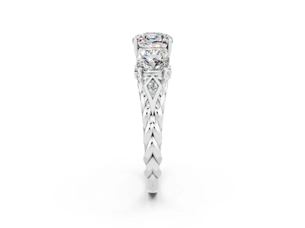 Platinum Three-Stone Cushion Cut Moissanite Braided Band Ring with Four-Prong Setting
