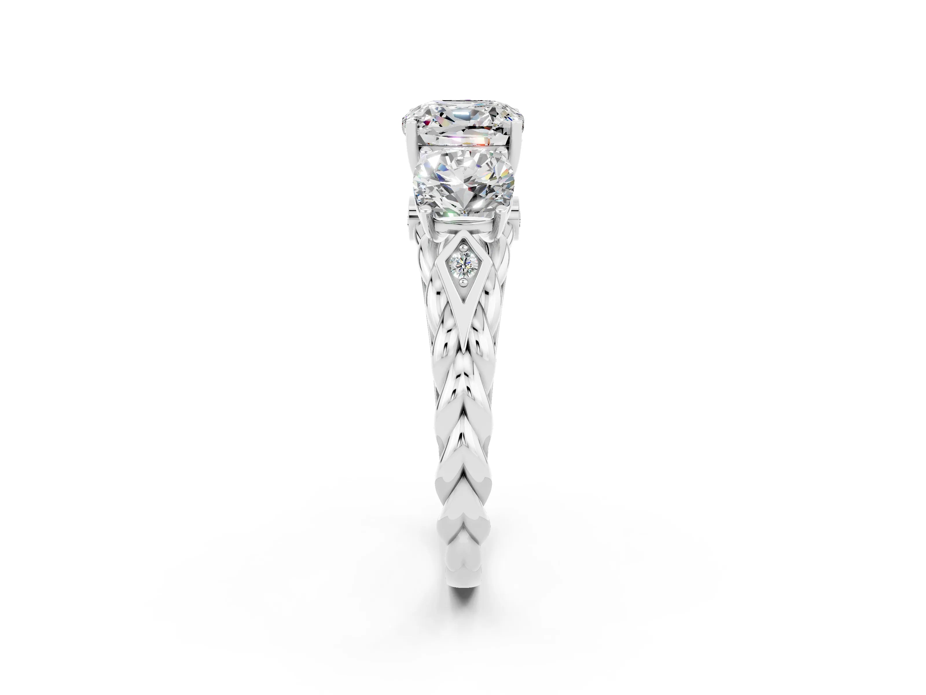 White gold Three-Stone Cushion Cut Moissanite Braided Band Ring with Four-Prong Setting_14