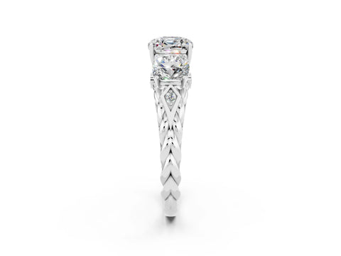 White gold Three-Stone Cushion Cut Moissanite Braided Band Ring with Four-Prong Setting_14