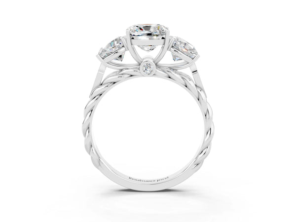 Platinum Three-Stone Cushion Cut Moissanite Braided Band Ring with Four-Prong Setting