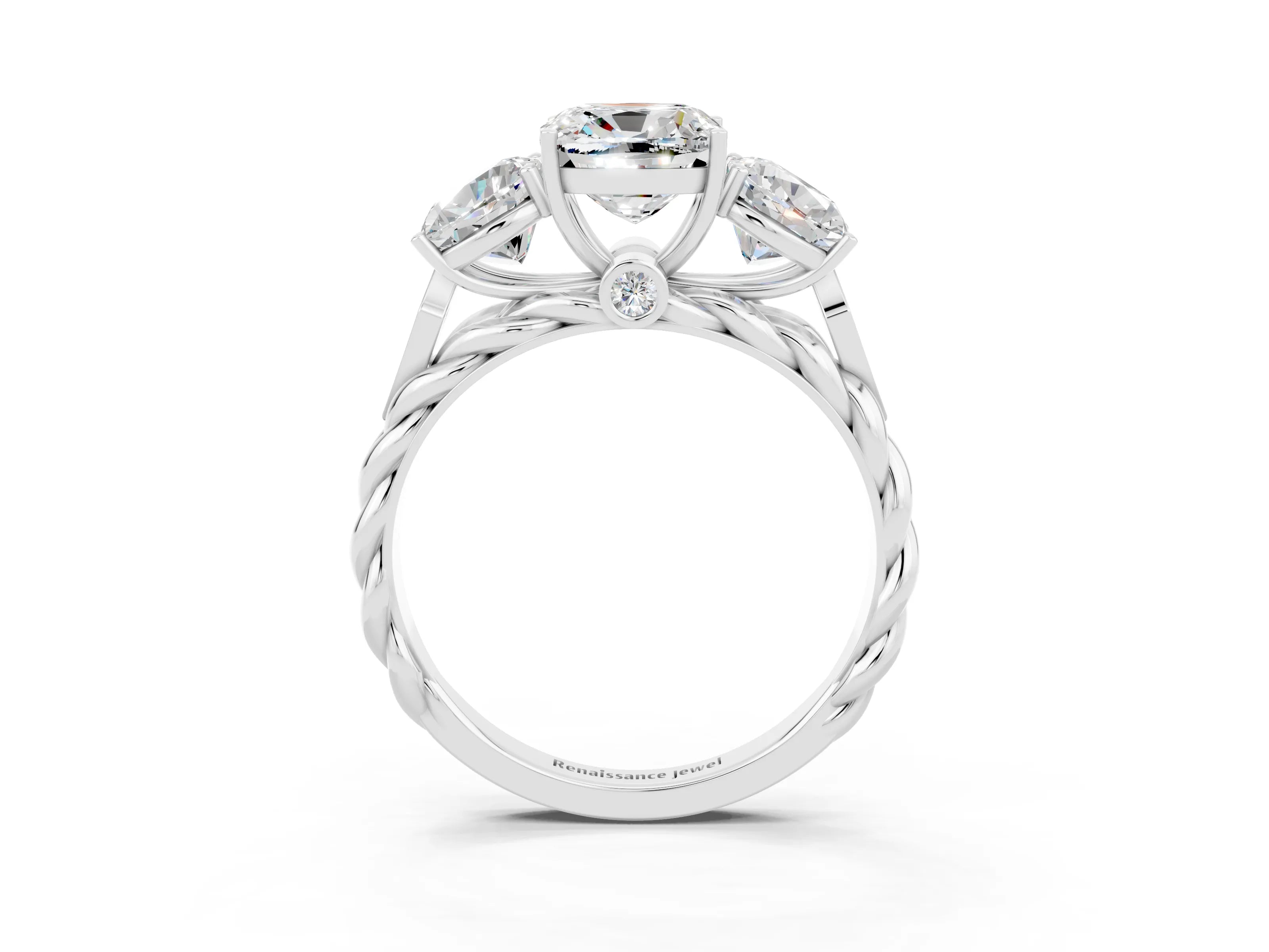 White gold Three-Stone Cushion Cut Moissanite Braided Band Ring with Four-Prong Setting_15