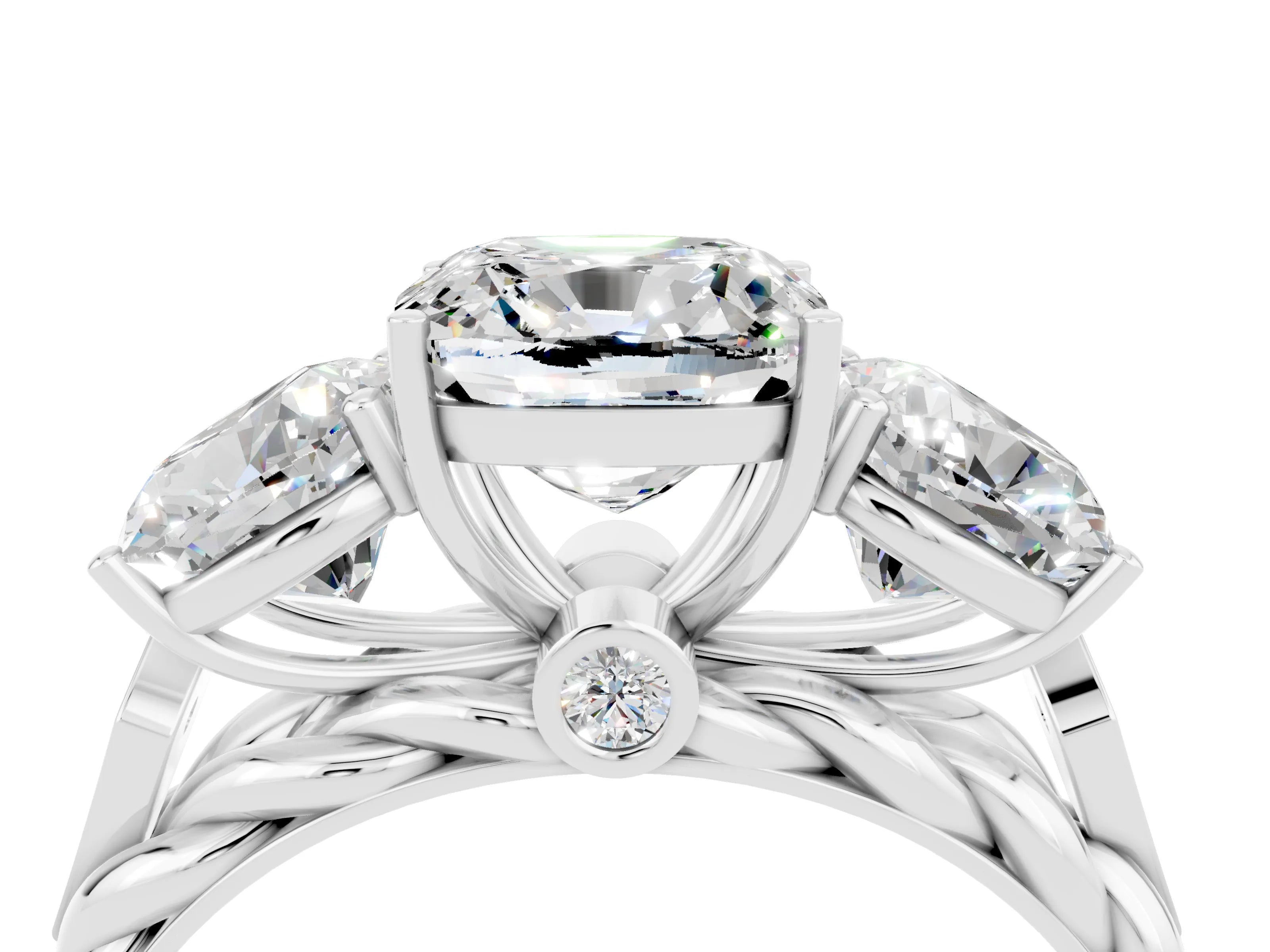 White gold Three-Stone Cushion Cut Moissanite Braided Band Ring with Four-Prong Setting_16