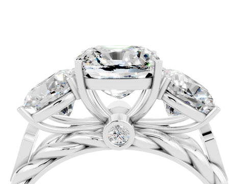 White gold Three-Stone Cushion Cut Moissanite Braided Band Ring with Four-Prong Setting_16