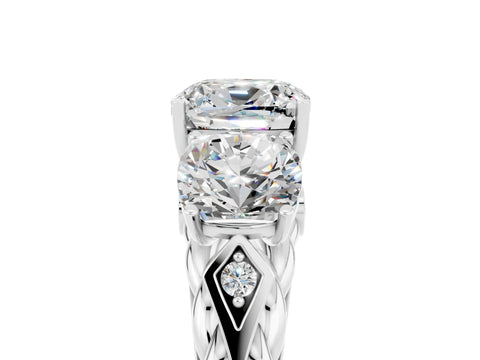 White gold Three-Stone Cushion Cut Moissanite Braided Band Ring with Four-Prong Setting_17