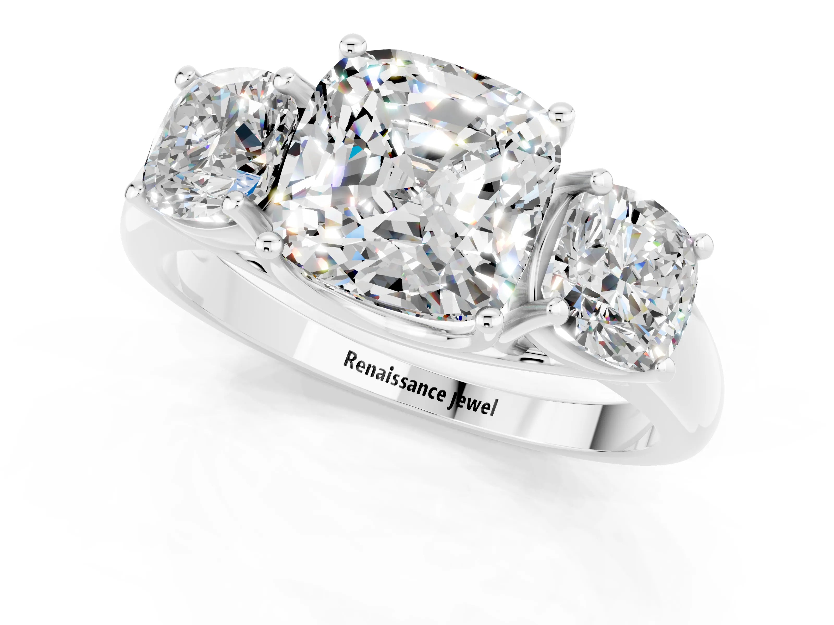 White gold Three-Stone Cushion Cut Moissanite Engagement Ring with Prong Setting_1