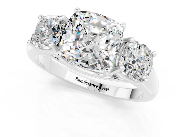 White gold Three-Stone Cushion Cut Moissanite Engagement Ring with Prong Setting