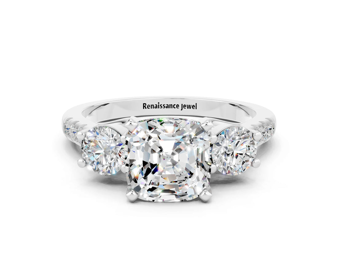 White gold Three-Stone Cushion Cut Moissanite Pavé Band with Four-Prong Setting