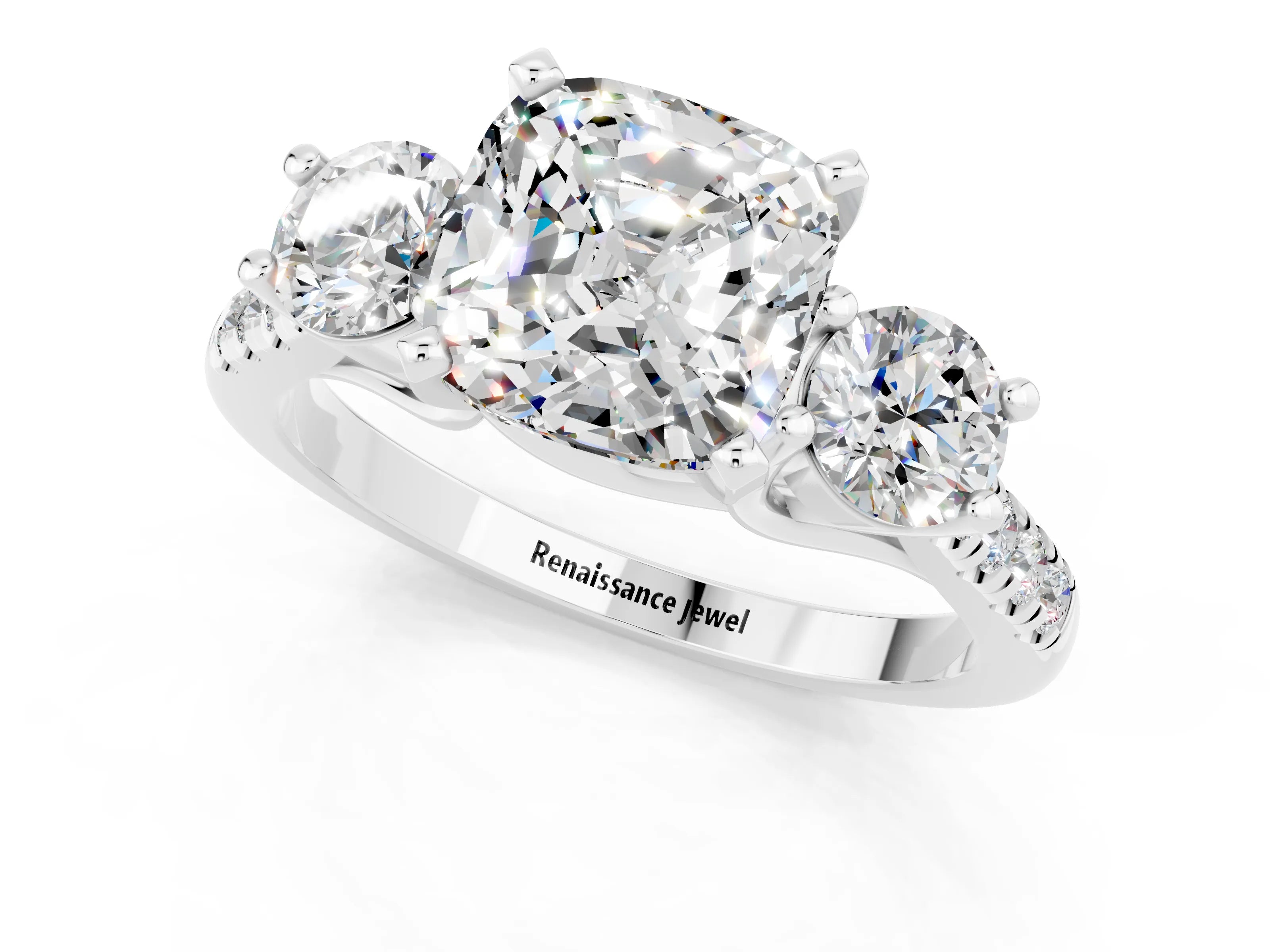 White gold Three-Stone Cushion Cut Moissanite Pavé Band with Four-Prong Setting_1