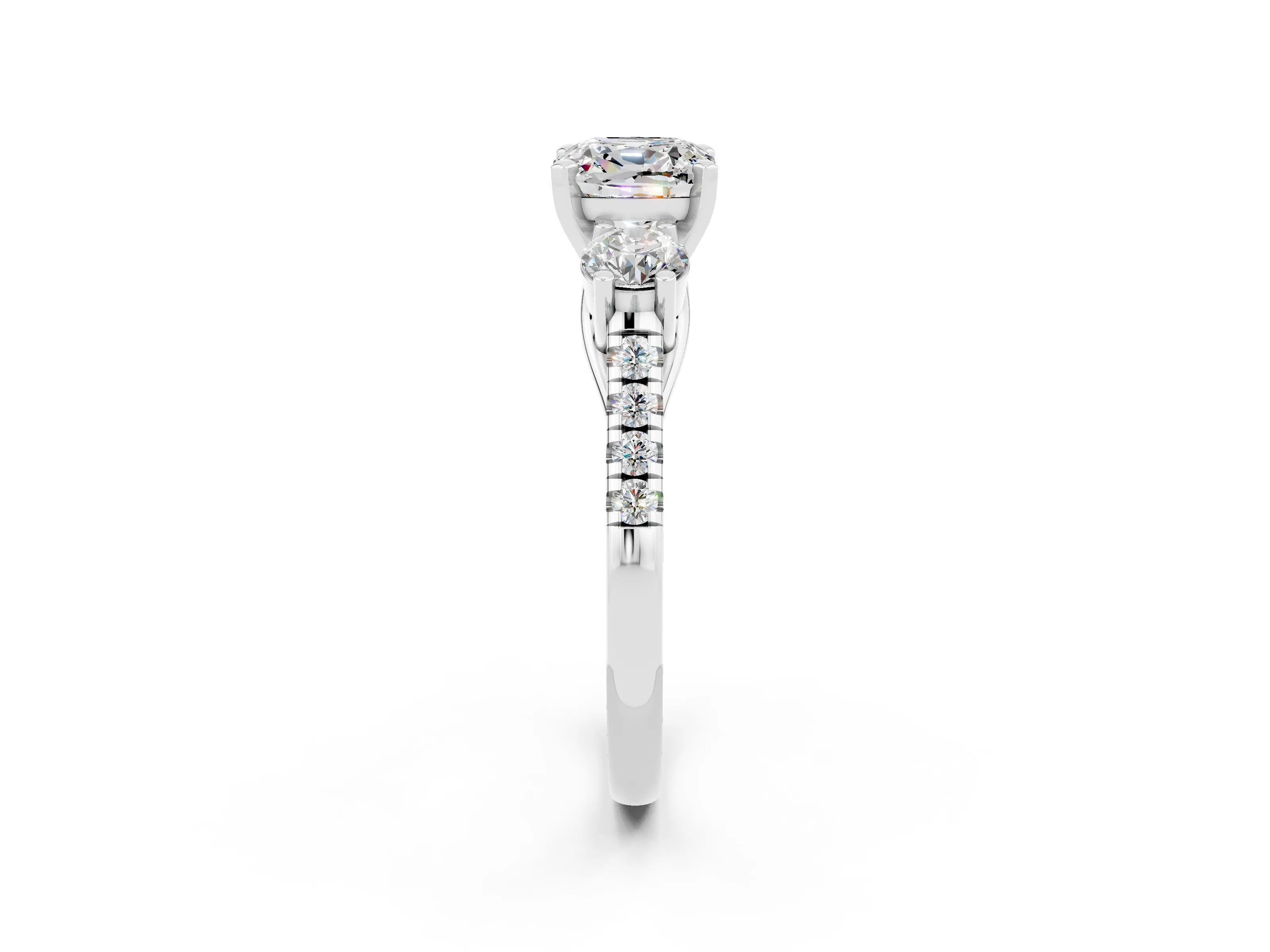 White gold Three-Stone Cushion Cut Moissanite Pavé Band with Four-Prong Setting_2