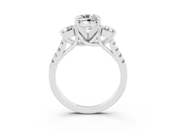 Platinum Three-Stone Cushion Cut Moissanite Pavé Band with Four-Prong Setting