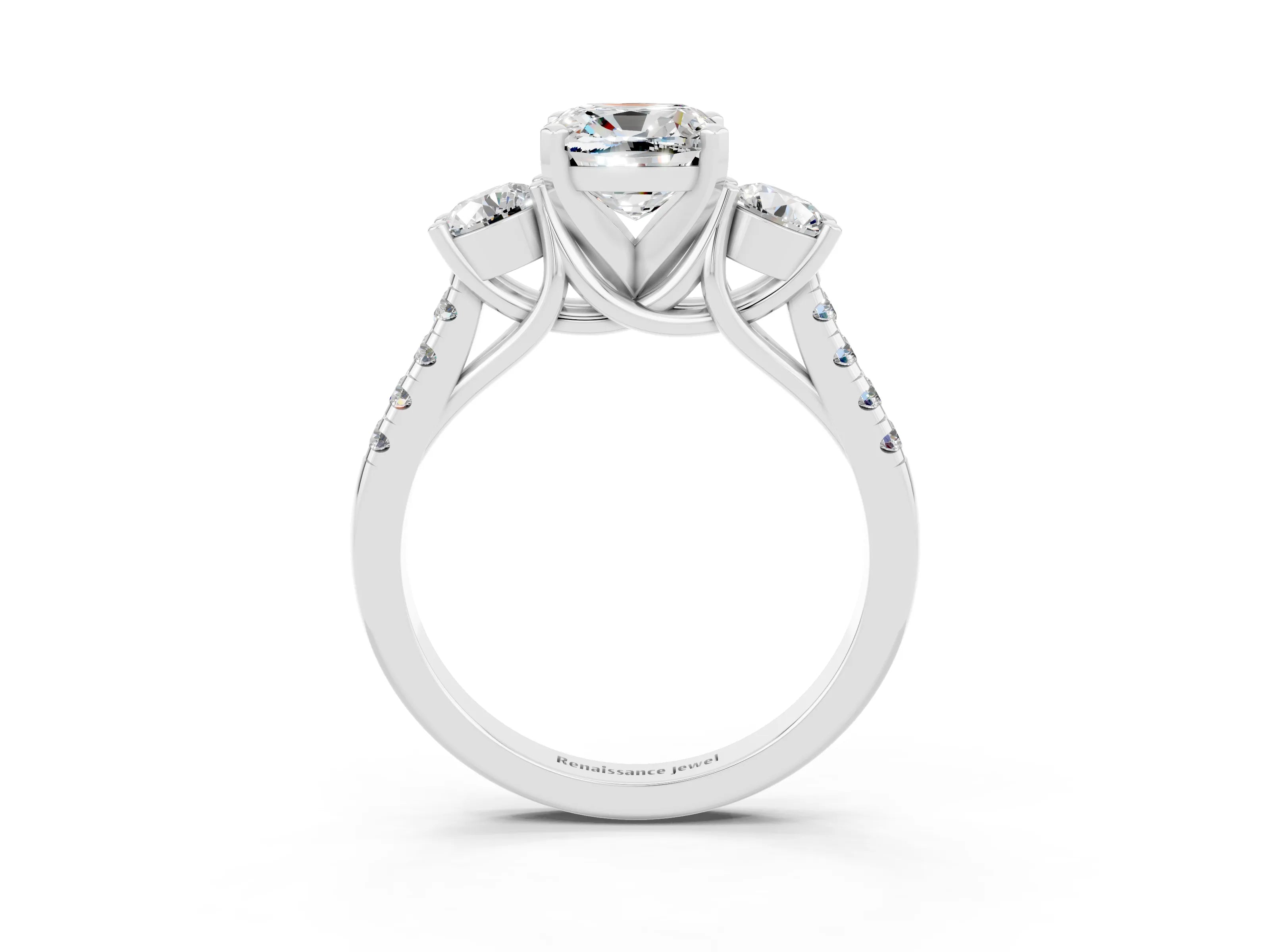 White gold Three-Stone Cushion Cut Moissanite Pavé Band with Four-Prong Setting_3