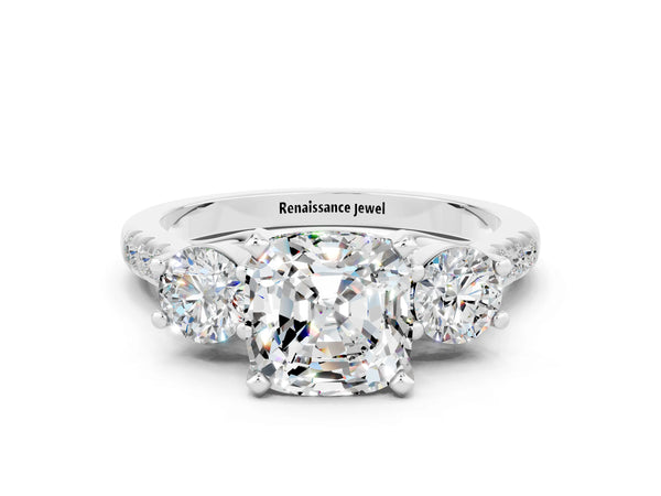 Silver Three-Stone Cushion Cut Moissanite Pavé Band with Four-Prong Setting