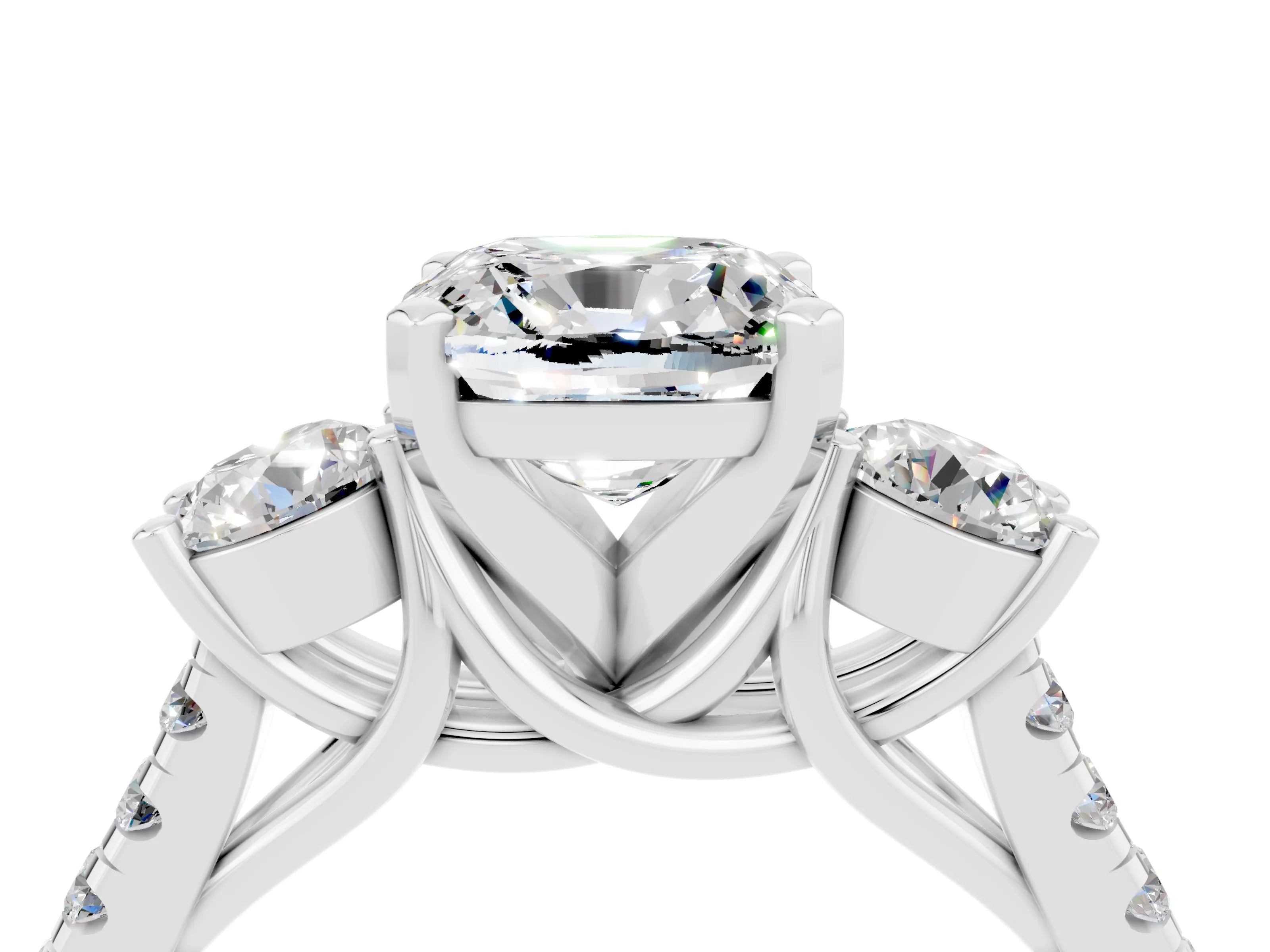 White gold Three-Stone Cushion Cut Moissanite Pavé Band with Four-Prong Setting_4