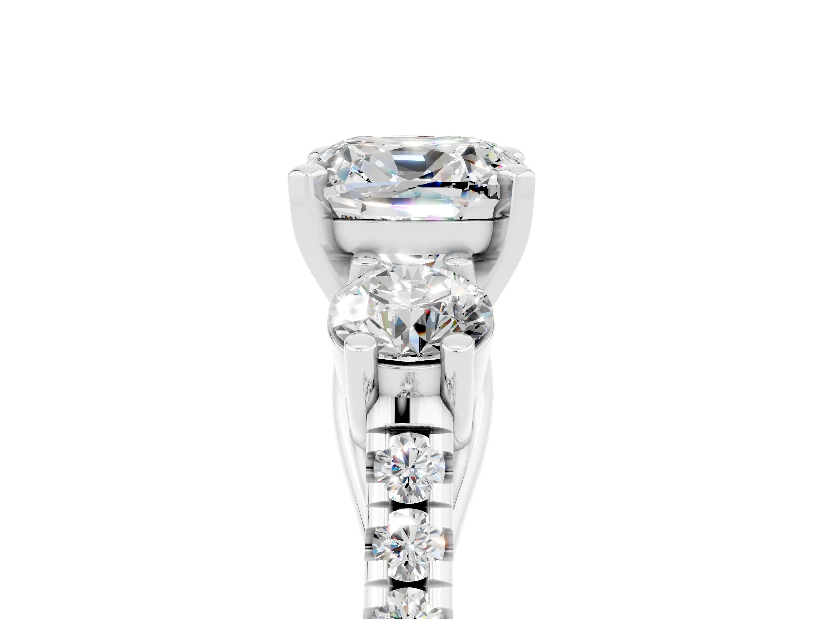 White gold Three-Stone Cushion Cut Moissanite Pavé Band with Four-Prong Setting_5