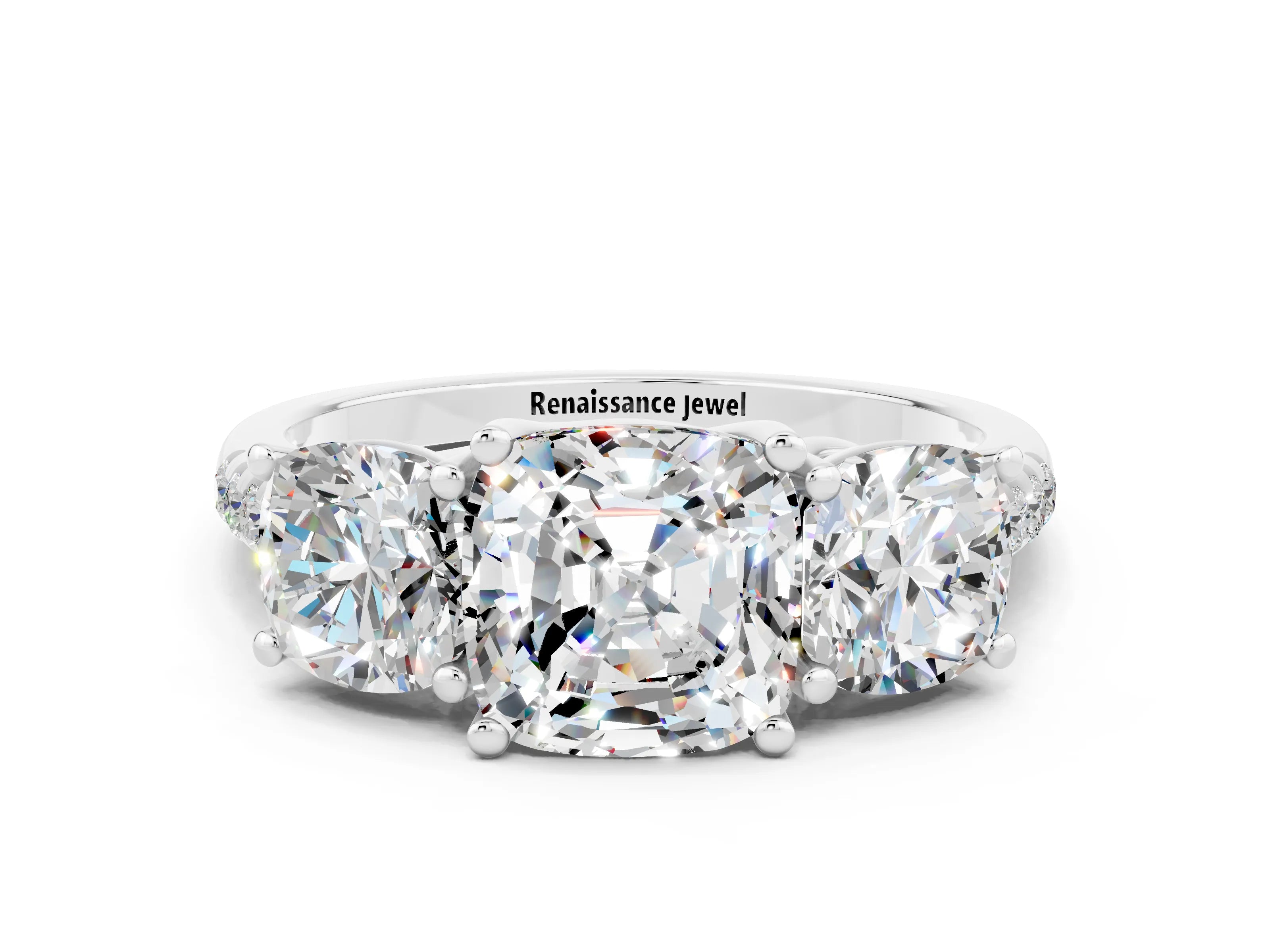 White gold Three-Stone Cushion Cut Moissanite Ring with Pavé Band and Prong Setting_12