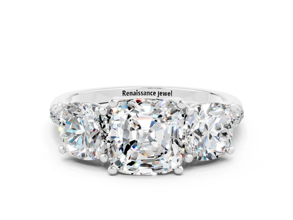 Silver Three-Stone Cushion Cut Moissanite Ring with Round  Pavé Band and Prong Setting