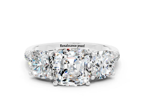 White gold Three-Stone Cushion Cut Moissanite Ring with Pavé Band and Prong Setting_12