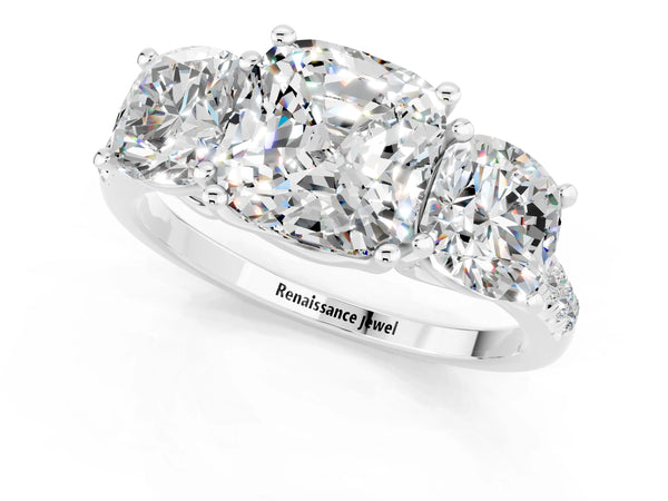White gold Three-Stone Cushion Cut Moissanite Ring with Round  Pavé Band and Prong Setting