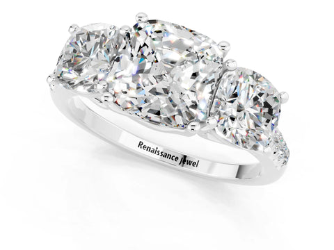 White gold Three-Stone Cushion Cut Moissanite Ring with Pavé Band and Prong Setting_13