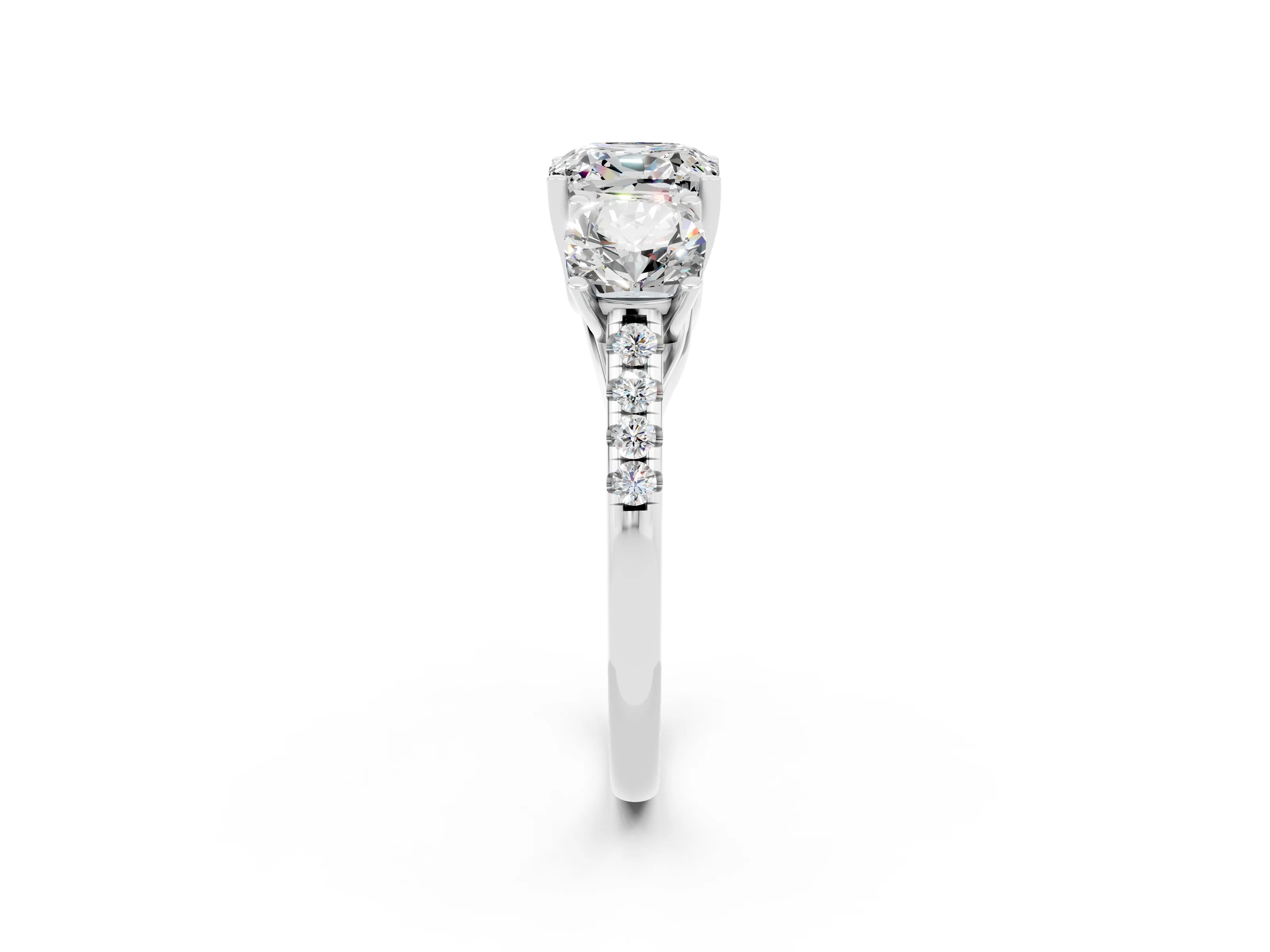 White gold Three-Stone Cushion Cut Moissanite Ring with Pavé Band and Prong Setting_14