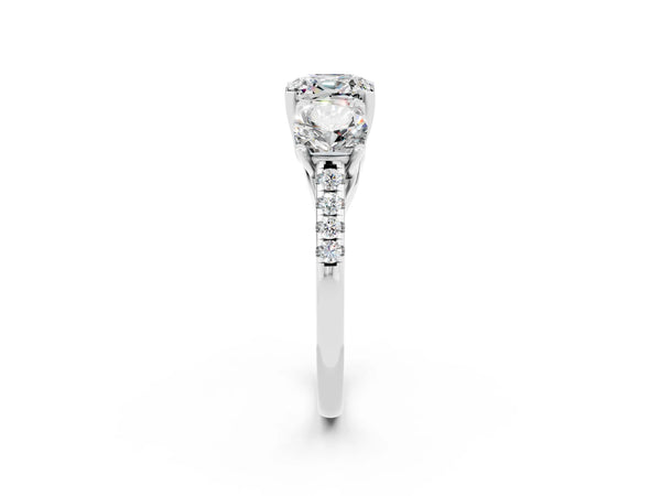 White gold Three-Stone Cushion Cut Moissanite Ring with Round  Pavé Band and Prong Setting