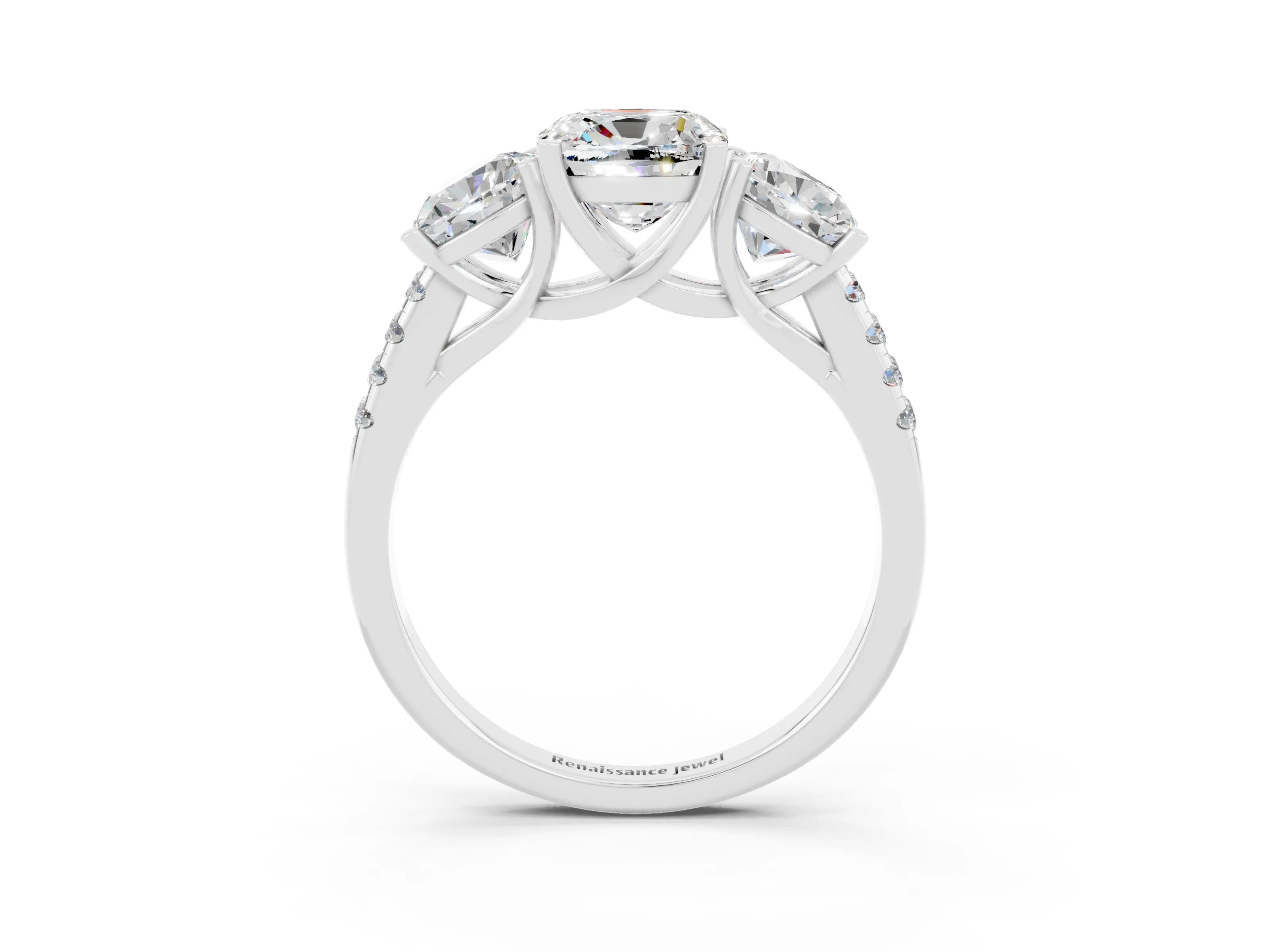 White gold Three-Stone Cushion Cut Moissanite Ring with Pavé Band and Prong Setting_15