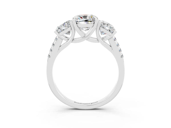 White gold Three-Stone Cushion Cut Moissanite Ring with Round  Pavé Band and Prong Setting