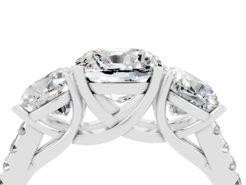 White gold Three-Stone Cushion Cut Moissanite Ring with Pavé Band and Prong Setting_16