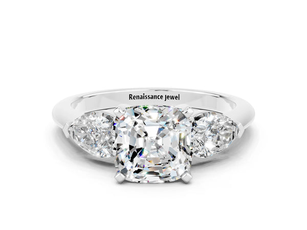 White gold Three-Stone Cushion Cut Moissanite Ring with Pear Side Stones and Four-Prong Setting