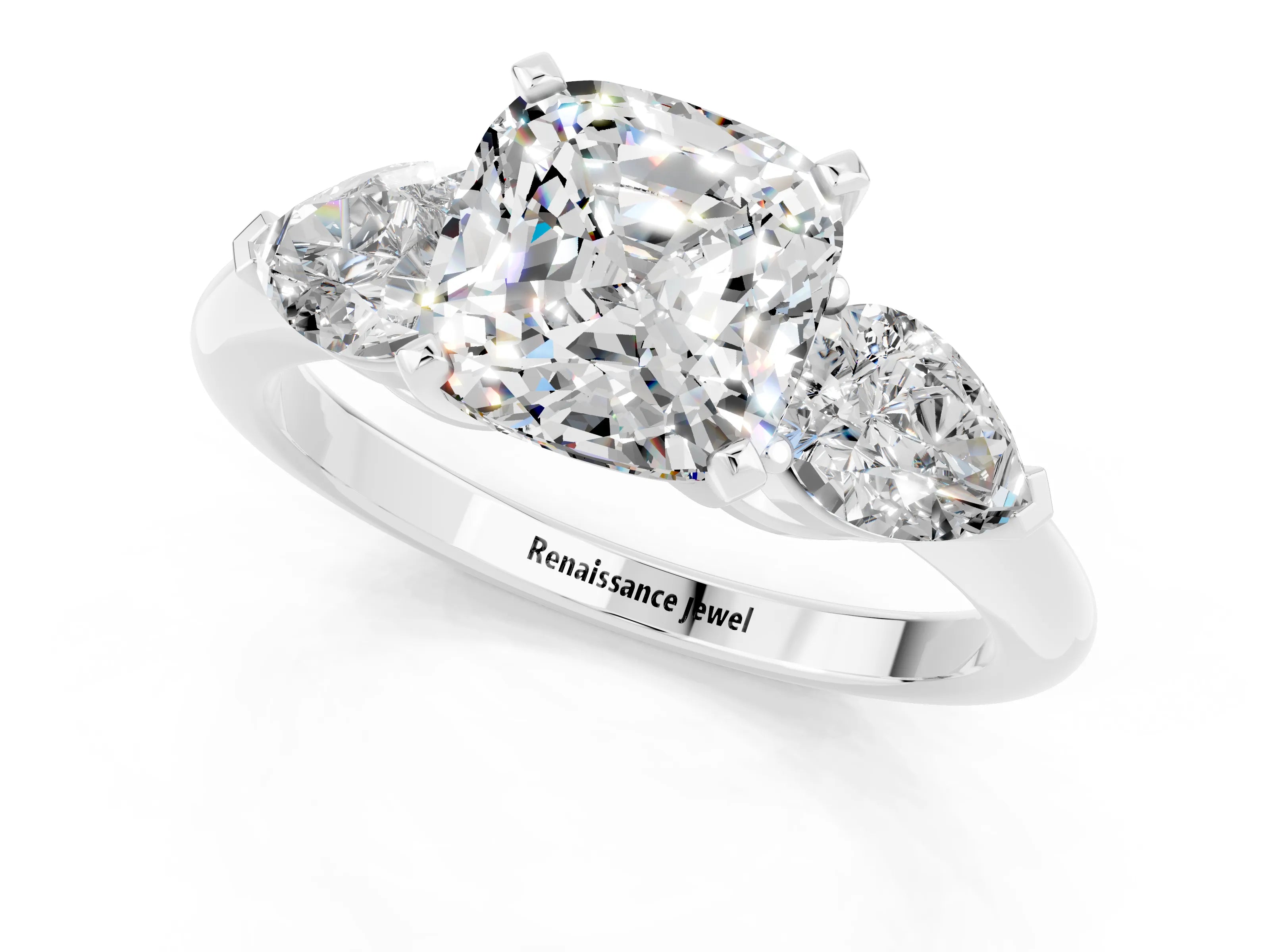 White gold Three-Stone Cushion Cut Moissanite Ring with Pear Side Stones and Four-Prong Setting_1