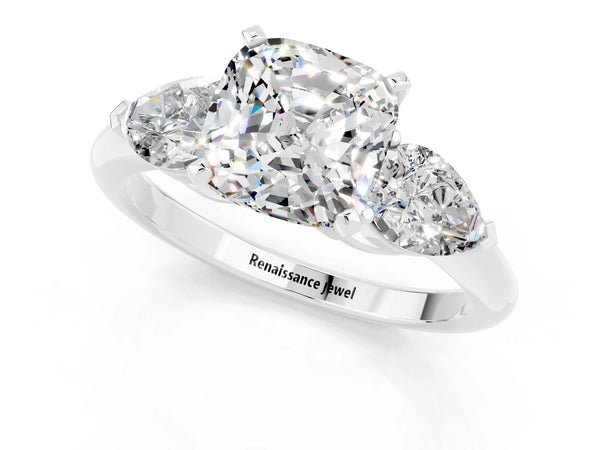 Silver Three-Stone Cushion Cut Moissanite Ring with Pear Side Stones and Four-Prong Setting